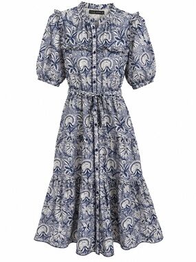 Lola Australia Blue White Floral 100% Cotton Midi Dress Ruffle Tie Waist S